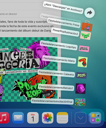 Primer plano del Dock en la parte inferior con una serie de archivos que se despliegan en vertical desde el Dock