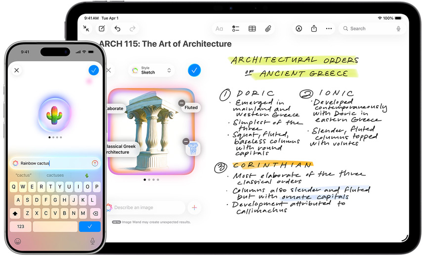 iPhone and iPad showing Genmoji creating a rainbow cactus, and Image Wand turning a sketch into a Mughal pavilion.
