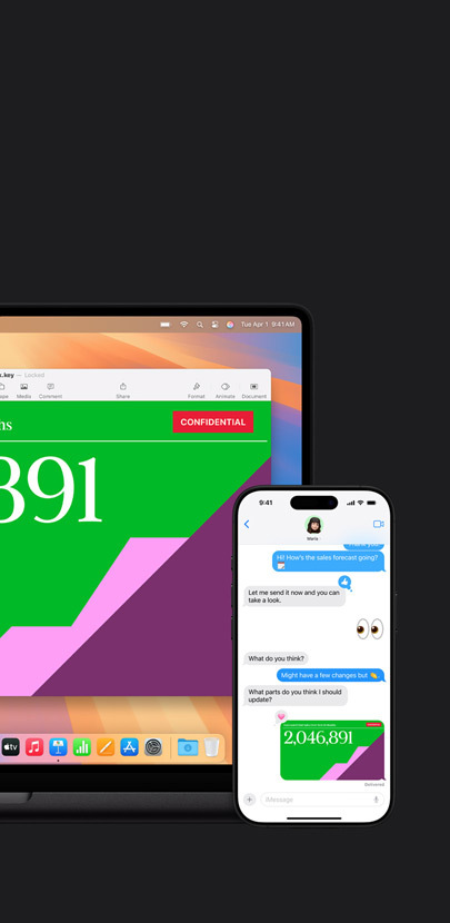 Computador Mac com uma apresentação. Em frente ao Mac está um iPhone com uma troca de mensagens e uma apresentação partilhada.