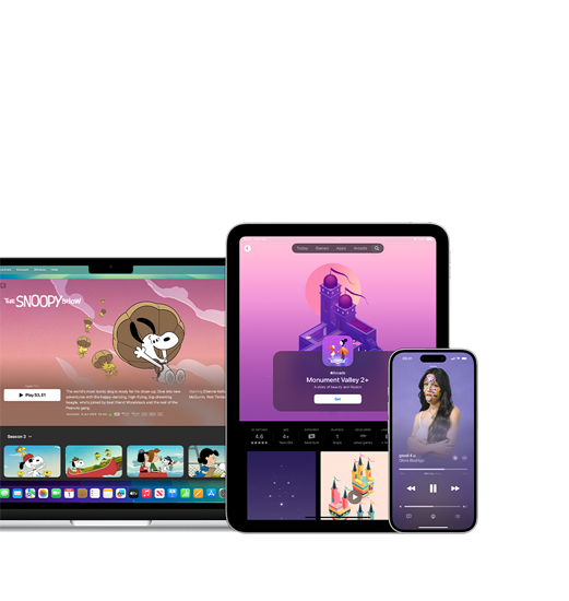 A MacBook with The Snoopy Show on Apple TV on screen, an iPad with Monument Valley on Apple Arcade on screen, an iPhone with good 4 u by Olivia Rodrigo playing on Apple Music on screen.