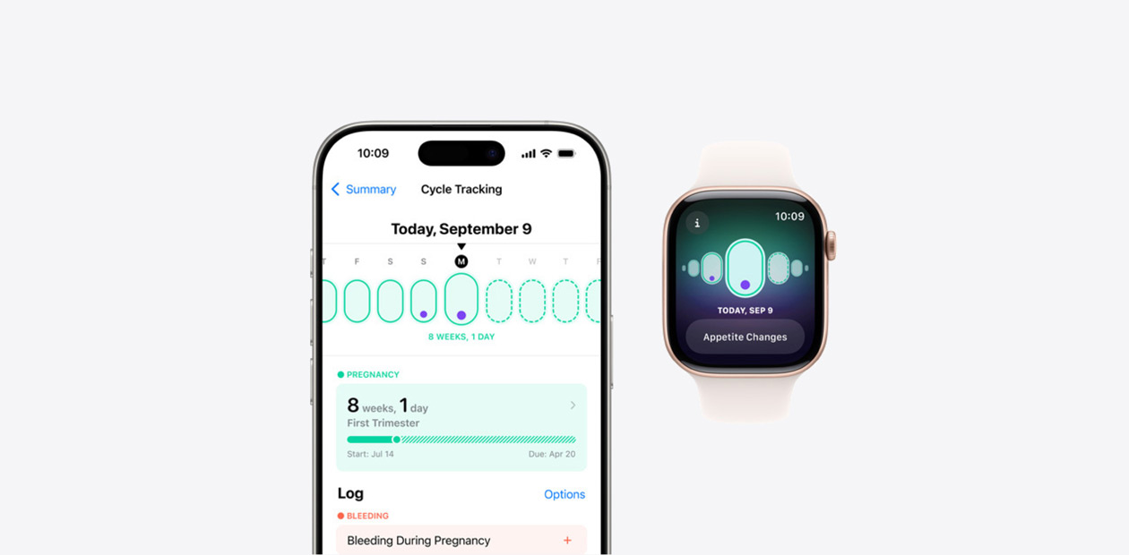 La app Control del Ciclo en el iPhone y el Apple Watch.