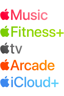 Apple subscription services logotypes including Apple Music, Fitness+, Apple TV+, Apple Arcade, iCloud+