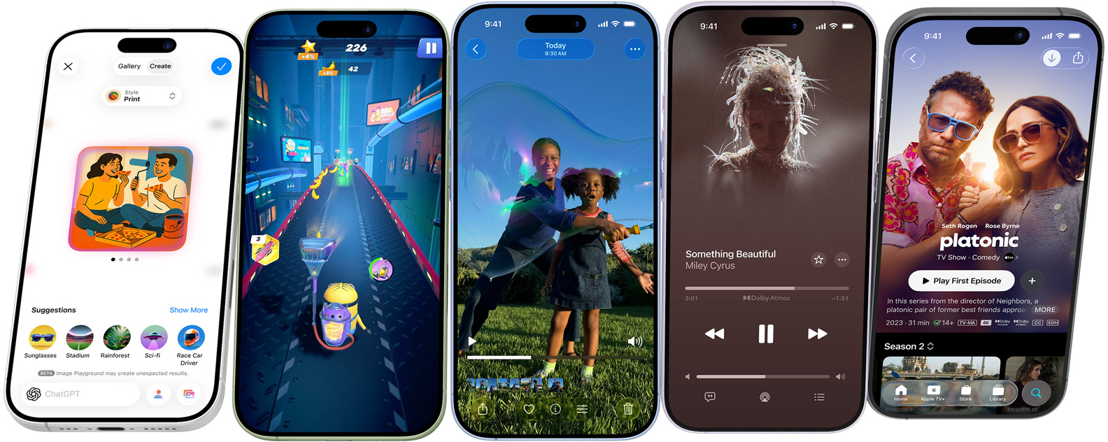 iPhone 17 devices spinning end over end, stopping on screens showing iPhone features