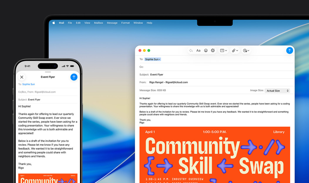 iPhone 16 Plus e MacBook Pro, com a app Mail aberta, a apresentar o mesmo rascunho de email nos dois ecrãs