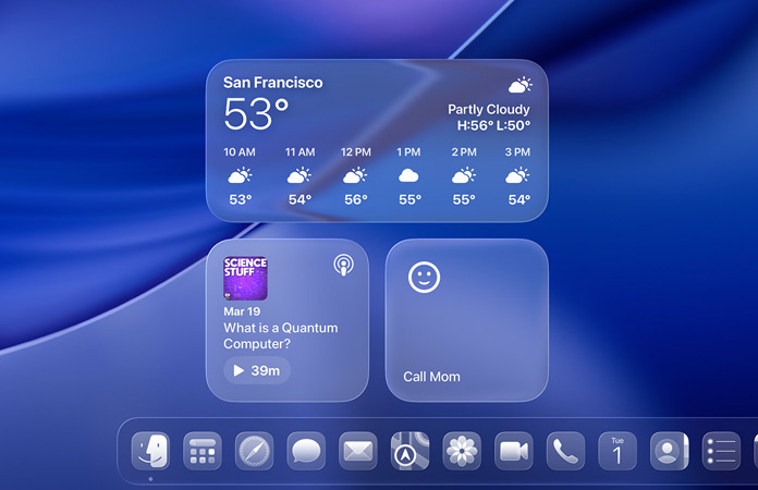 Widgets Meteorologia, Podcasts e Lembretes em Liquid Glass no ecrã do macOS Tahoe