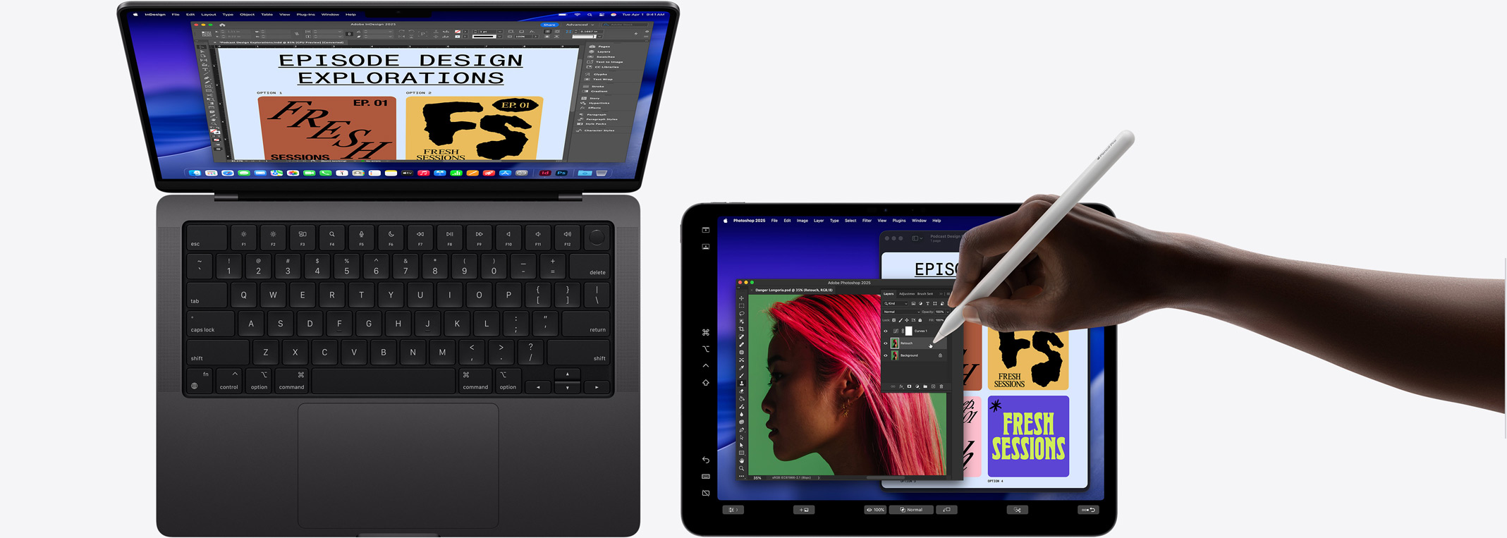 MacBook Pro de 14 pulgadas, iPad Pro de 13 pulgadas utilizado para ampliar la pantalla del MacBook, una mano usa un Apple Pencil Pro para retocar una imagen en el iPad