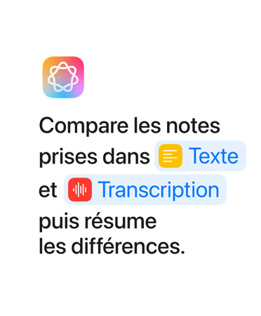 Compare les notes prises dans Texte et Transcription, puis résume les différences, les mots « Texte » et « Transcription » s’affichent en bleu, comme ils apparaîtraient dans l’app Raccourcis