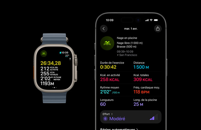 Apple Watch Ultra 3, finition naturelle, boîtier en titane, Bracelet Océan, coloris bleu maritime, exercice Nage en cours, ventilation plus détaillée des données d’exercice sur un iPhone