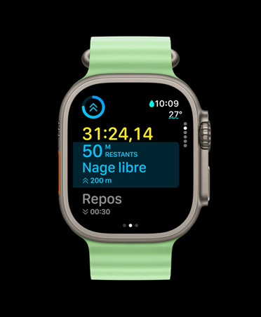 Apple Watch Ultra 3, finition naturelle, boîtier en titane, app Exercice, exercice personnalisé, vue À suivre, Bracelet Océan vert fluo
