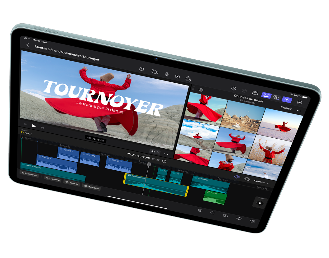 iPad Air en mode paysage, mettant en avant le montage vidéo dans Final Cut Pro