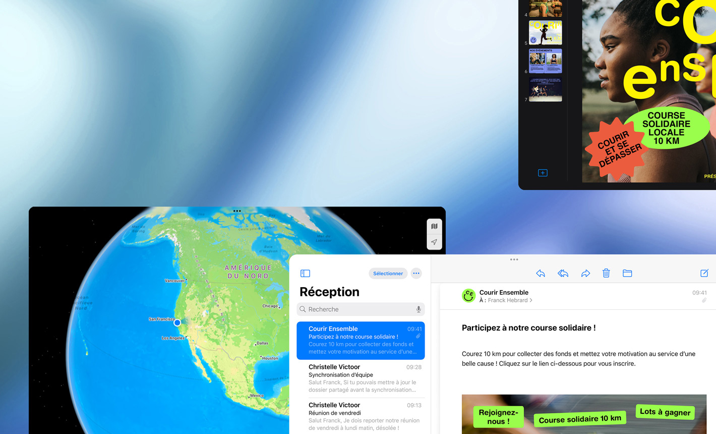 Plusieurs écrans affichant différentes apps en cours d’utilisation, mode paysage