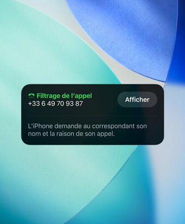 Widget d’app iPhone présentant la fonction de filtrage sur un appel entrant, nouveau fond d’écran du système d’exploitation en arrière-plan