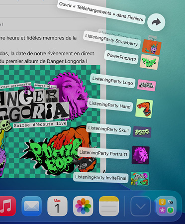 Gros plan sur le bas du Dock avec une série de fichiers qui sortent verticalement du Dock