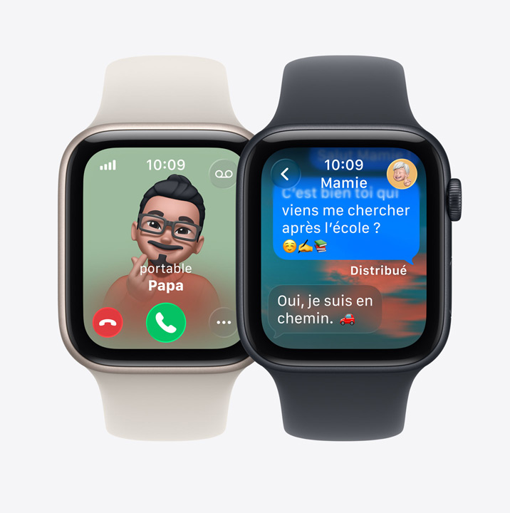 Deux écrans d’Apple Watch SE 3 : appel entrant de Papa, iMessage de Mamie