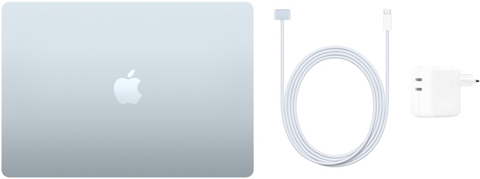 MacBook Air 15 ιντσών, καλώδιο USB‑C σε MagSafe 3 και μικρό τροφοδοτικό ρεύματος με δύο θύρες USB‑C 35 W