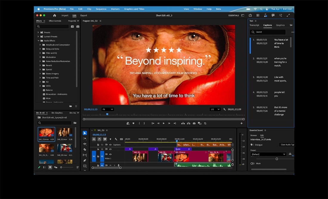 Egy MacBook Pro képernyőjén az Eternal Play című film vágása látható Adobe Premiere Próban