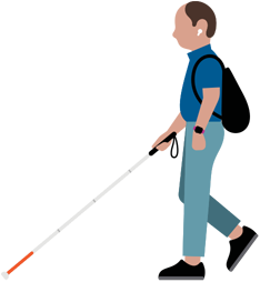 Seseorang dengan gangguan penglihatan sedang mengenakan AirPods dan berjalan dengan anjing pemandu