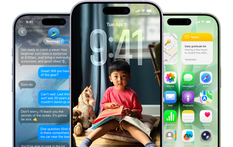 iPhone 17 devices, front exterior, colors: mist blue, lavender, sage, iOS features - Background with messages, Liquid Glass showing the Lock Screen and Home Screen with various apps displayed