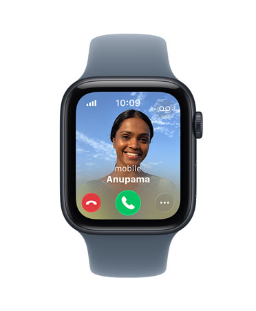 Apple Watch SE 3, aluminium case, midnight colour, incoming call, contact photo, accept and decline call buttons, right side exterior, Digital Crown, Sport Band, anchor blue colour