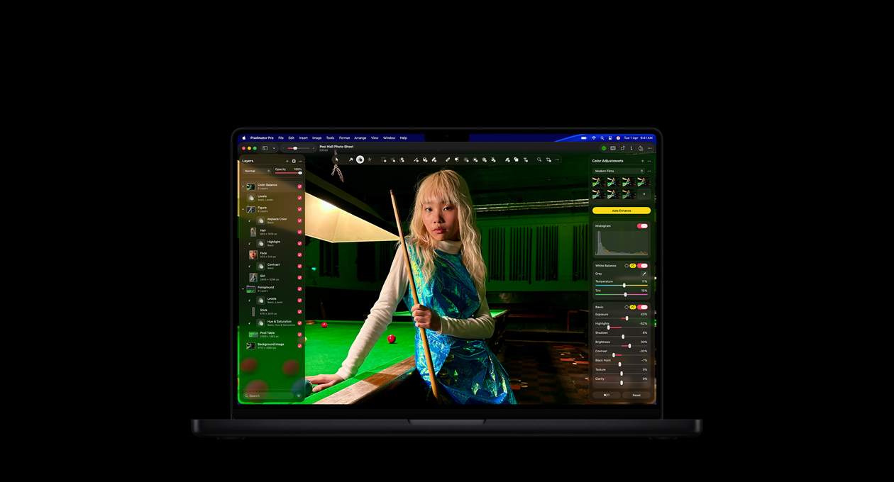 MacBook Pro 16″ screen, photo of woman in pool hall, colour-adjustment tools