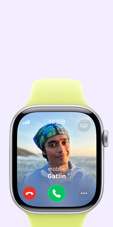 Apple Watch Series 11, aluminium case, Space Grey colour, incoming call, contact photo, accept and decline call buttons, right side exterior, Digital Crown, Sport Band, neon yellow colour