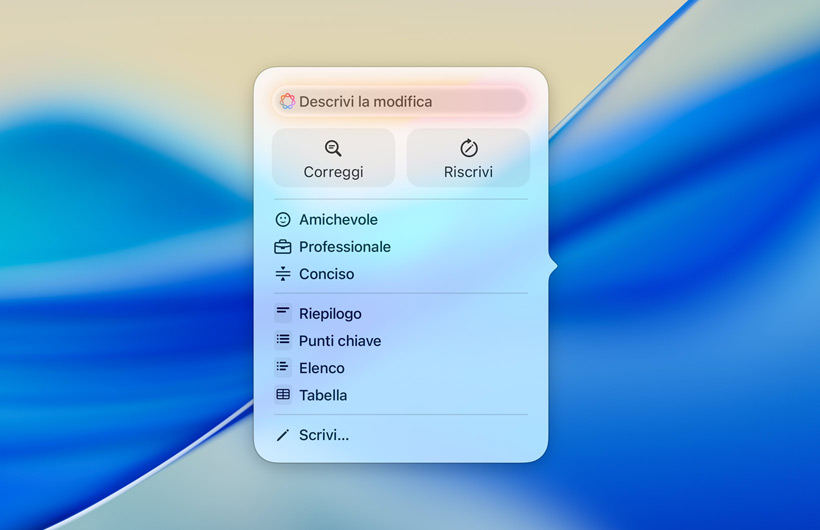L’interfaccia degli Strumenti di scrittura con un campo di testo per inserire le richieste, i pulsanti Rivedi e Riscrivi, i vari registri disponibili e le opzioni Riepilogo, Punti chiave, Tabella ed Elenco