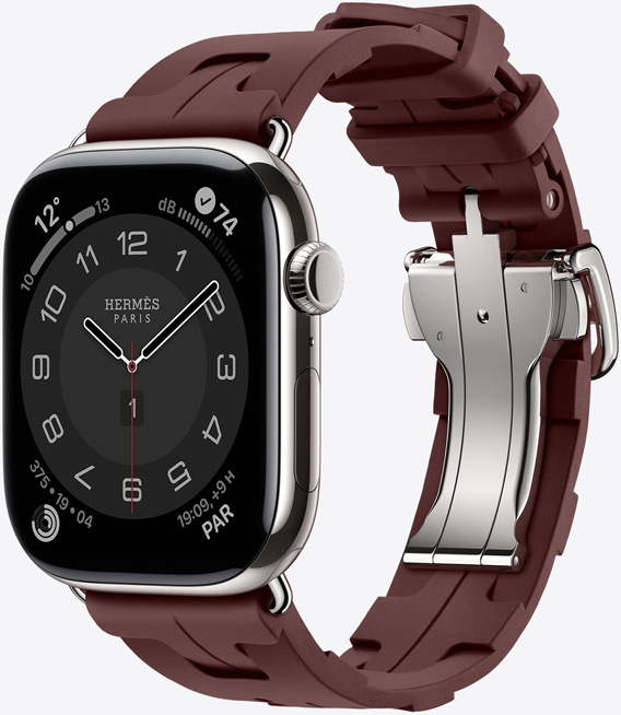 Apple Watch Hermès Series 11, cassa in titanio color argento, cinturino Kilim color Bordeaux, chiusura che si apre con un clic in metallo color argento