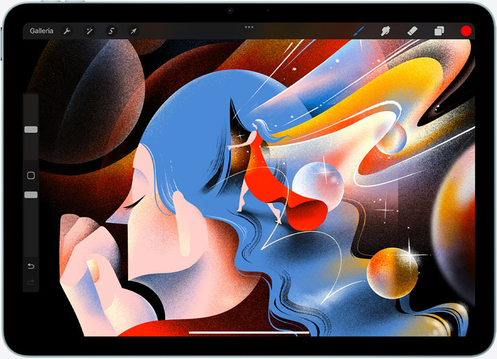 Un iPad Air in orizzontale che mostra un’illustrazione creata con l’app Procreate