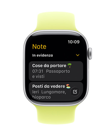 Apple Watch Series 11, quadrante con l’app Note e due note in evidenza