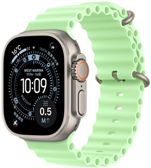 ナチュラルチタニウムケースのApple Watch Ultra 3、オリエンテーリングの文字盤に、天気、駐車した場所、衛星通信、水面までの距離が表示されている。右側面の外観、Digital Crown、マイク、サイドボタン、ネオングリーンのオーシャンバンド