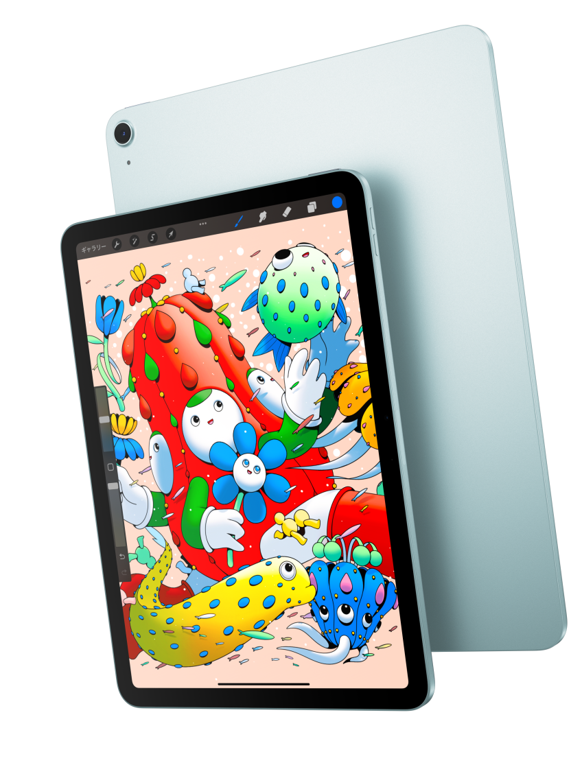 背面の外観が見えているブルーのiPad Airの手前に重なった、iPad Airの前面の外観。Procreateが表示された11インチモデルを紹介している