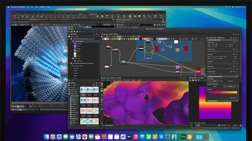 Adobe Substance Designer、Houdini、Redshiftアプリケーションの画面。M4 Max搭載Mac Studioで編集のために使用されている