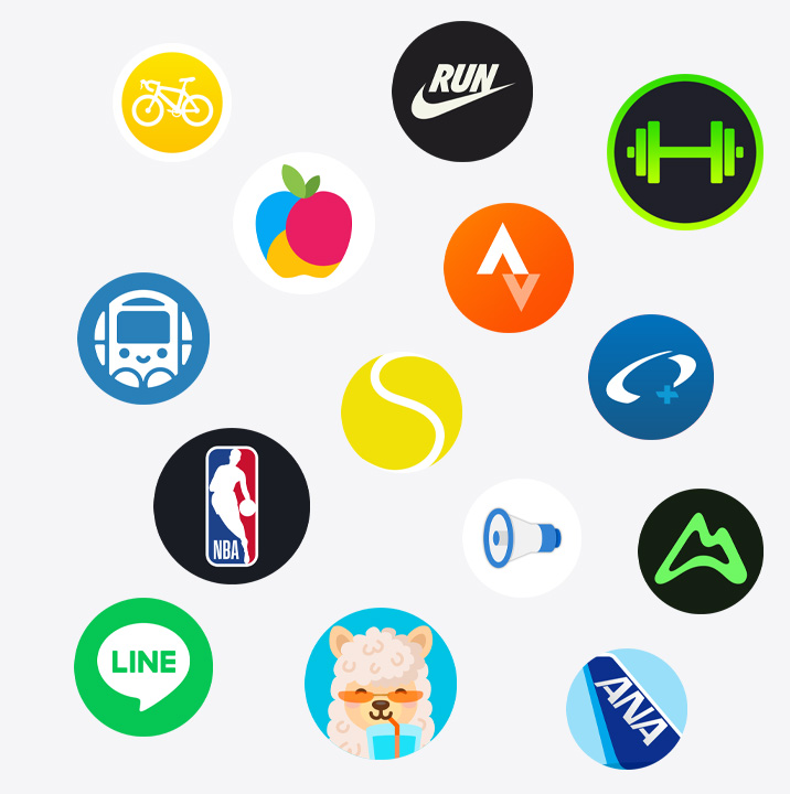 Apple Watchアプリのアイコン：Cyclemeter、Yazio、Nike Run Club、Strava、SmartGym、Ekispert、NBA、SwingVision、Oceanic+、LINE、Waterllama、Yahoo!防災速報、ANA、AllTrails