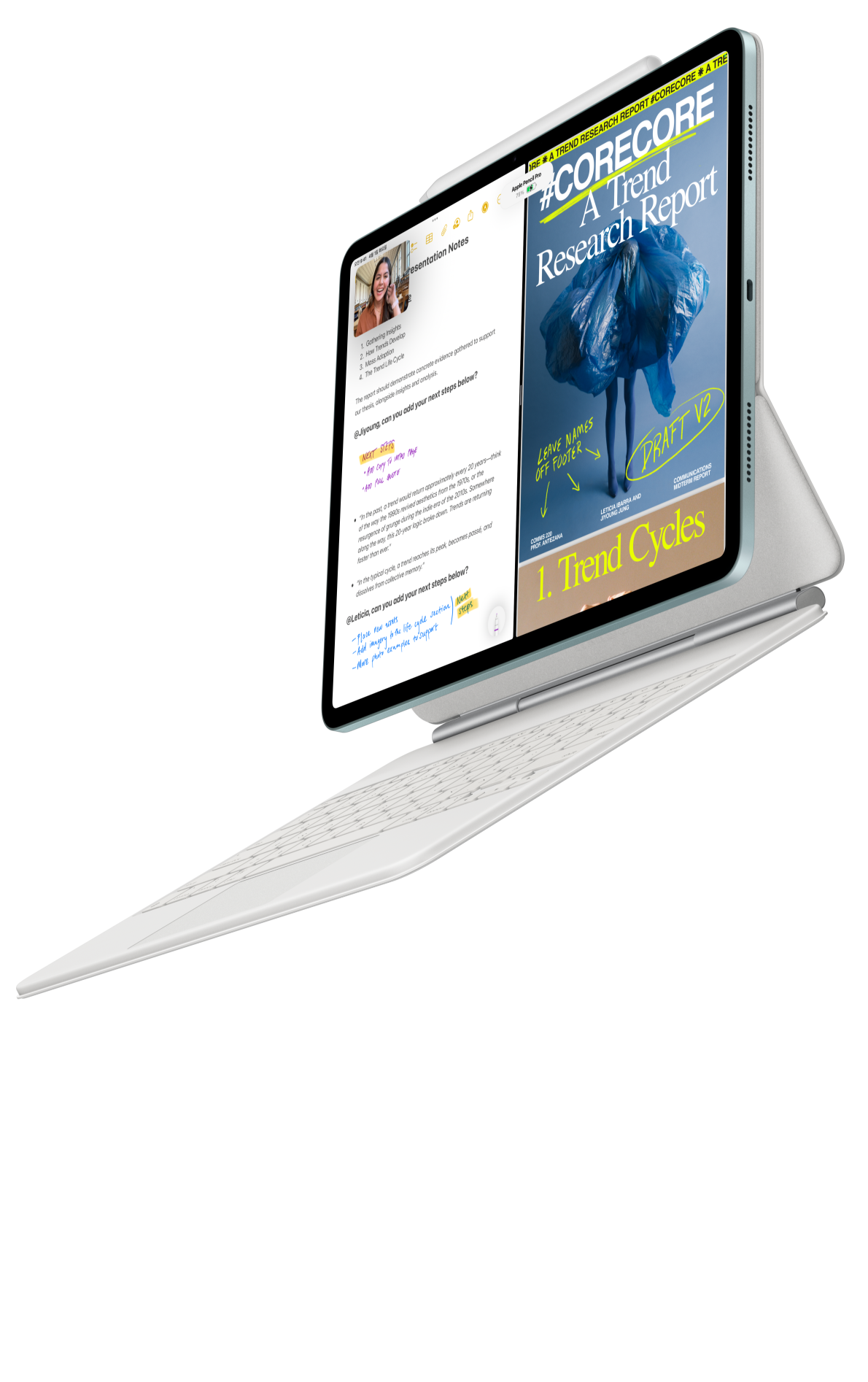 iPad Air용 Magic Keyboard 및 Apple Pencil Pro와 부착된 iPad Air