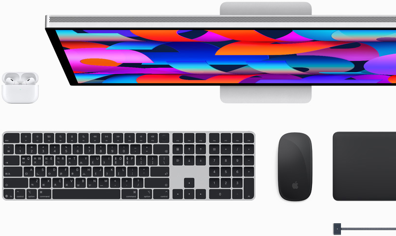 AirPods, Studio Display, Magic Keyboard, Magic Mouse, Magic Trackpad, 미드나이트 색상 MagSafe 충전 케이블 등의 Mac 액세서리