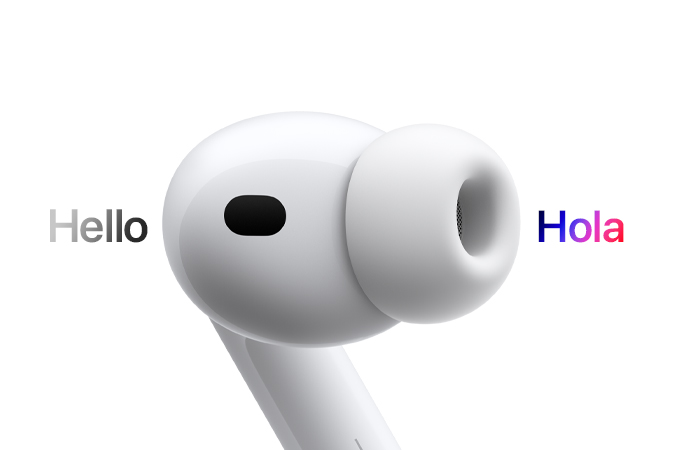 Audífono de los AirPods Pro 3 que muestra una traducción en vivo del español al inglés