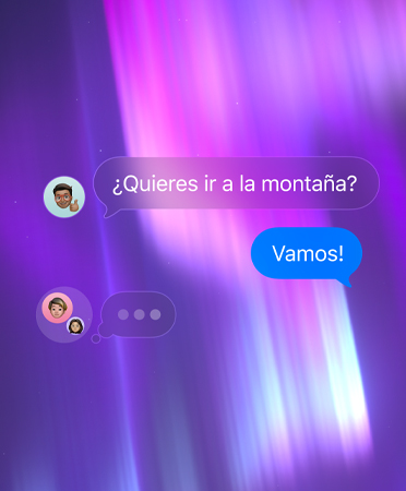 Chat grupal en Mensajes, con un fondo abstracto rosa, morado y azul