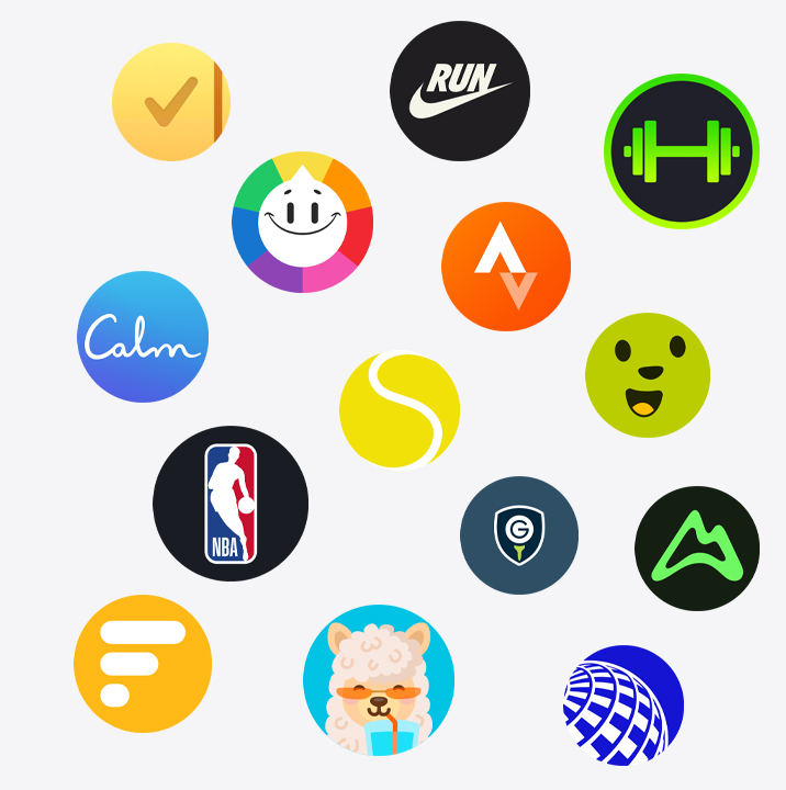 Íconos de apps para el Apple Watch: ChargePoint, Yelp, Nike Run Club, SmartGym, Calm, NBA, SwingVision, Oceanic+, WeChat, Waterllama, Golfshot, JetBlue y AllTrails