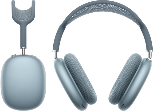 صورة لسماعات AirPods&nbsp;Max باللون الأزرق من الأمام ومن الجانب