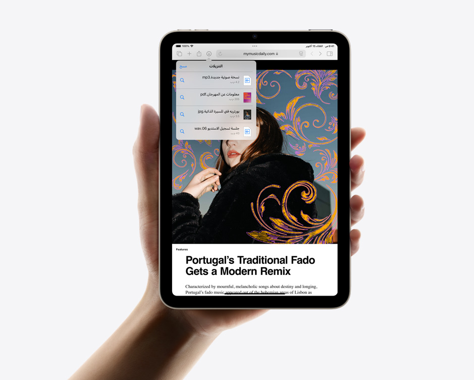 iPad&nbsp;mini محمول بيد واحدة في وضع رأسي ويعرض عمليات التنزيل في سفاري.