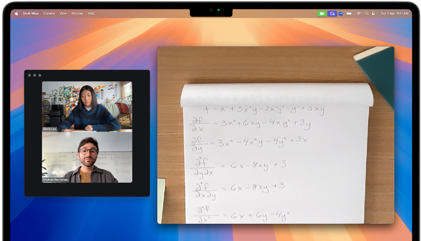 A video call using Desk View feature, which adds a view of user’s workspace to the video call