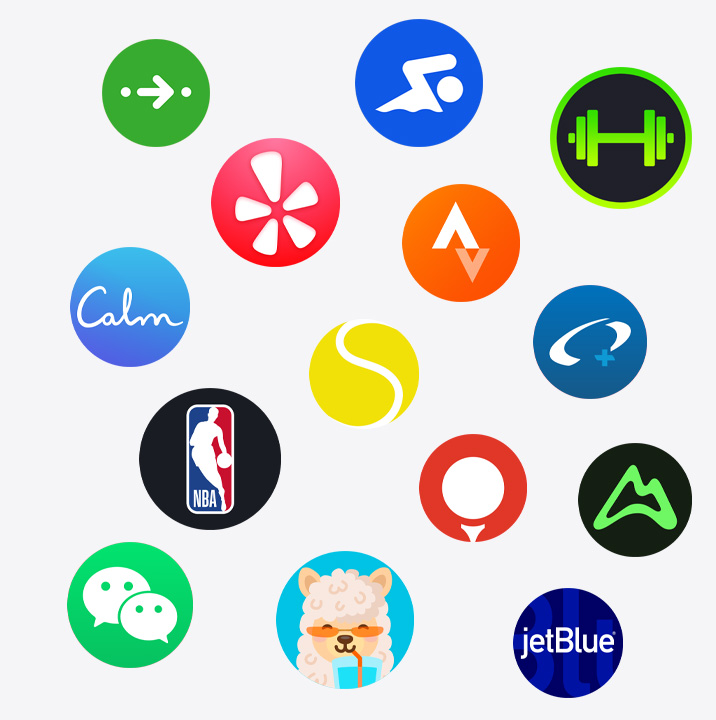 أيقونات تطبيقات Apple Watch: ChargePoint، Yelp، Nike Run Club، SmartGym، Calm، NBA، SwingVision، +Oceanic، WeChat، Waterllama، Golfshot، JetBlue، AllTrails
