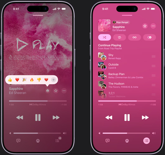 左邊的 iPhone 螢幕上顯示正在播放 Ed Sheeran 的《Sapphire》，並出現反應表情符號的提示，選項有豎起拇指、愛心、慶祝、拇指向下，以及添加其他反應；右邊的 iPhone 顯示名為「Road Trip」的合作歌單，當中包含多首由其他提供者加入的歌曲