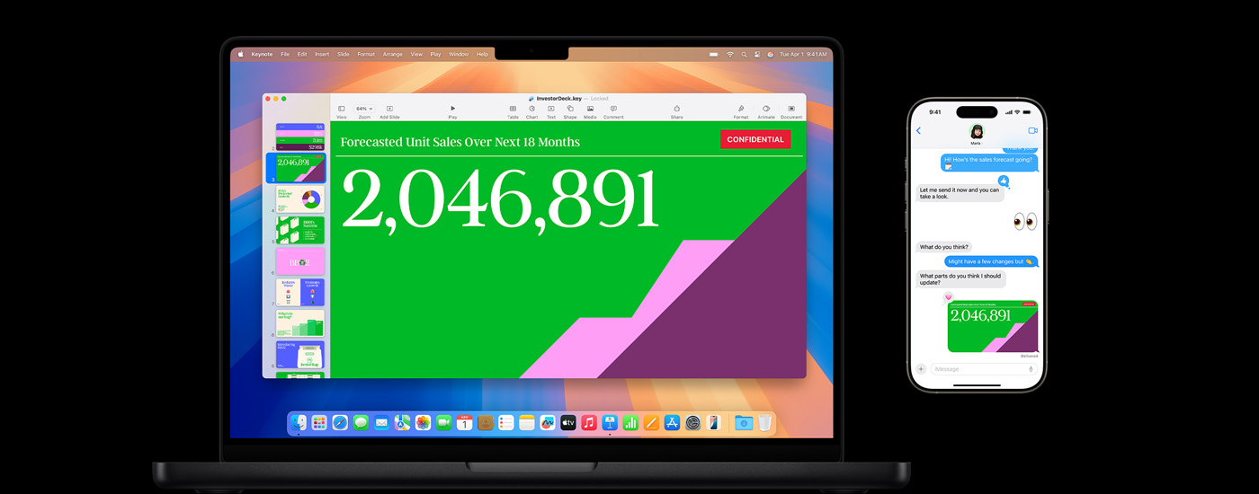 Se muestra una presentación en la pantalla de una Mac y un intercambio de mensajes de texto que lleva a la presentación.