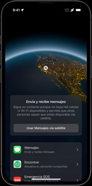Un iPhone 16e muestra funcionalidades de conectividad, como Mensajes vía satélite, Encontrar, Asistencia en Carretera y Emergencia SOS.