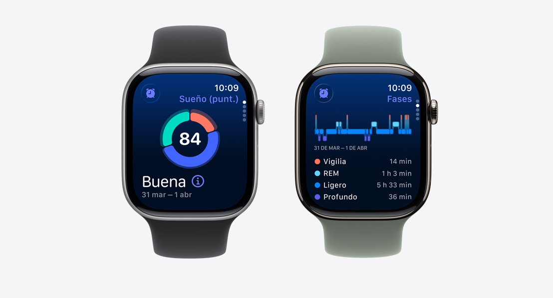 Dos Apple Watch Series 11, Puntuación de Sueño en la pantalla, notificación de posible apnea del sueño