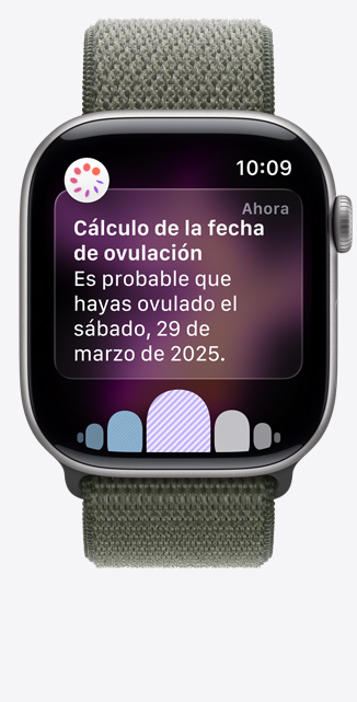 Apple Watch Series 11, caja de aluminio gris espacial, notificación de cálculo de la fecha de ovulación de Control del Ciclo en la app Salud, Digital Crown, correa loop deportiva color bosque