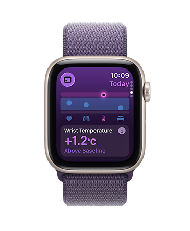 Apple Watch SE 3, aluminium case, starlight colour, wrist temperature metrics, right side exterior, Digital Crown, Sport Loop, purple fog colour