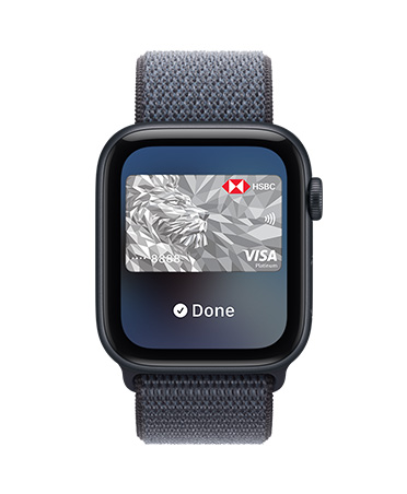 Apple Watch SE 3, aluminium case, midnight colour, Apple Pay in Apple Wallet, right side exterior, Digital Crown, strap, Sport Loop, anchor blue colour