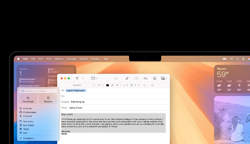 Mac desktop with a business email featuring an Apple&nbsp;Intelligence prompt. Behind the email window is the Calendar widget.